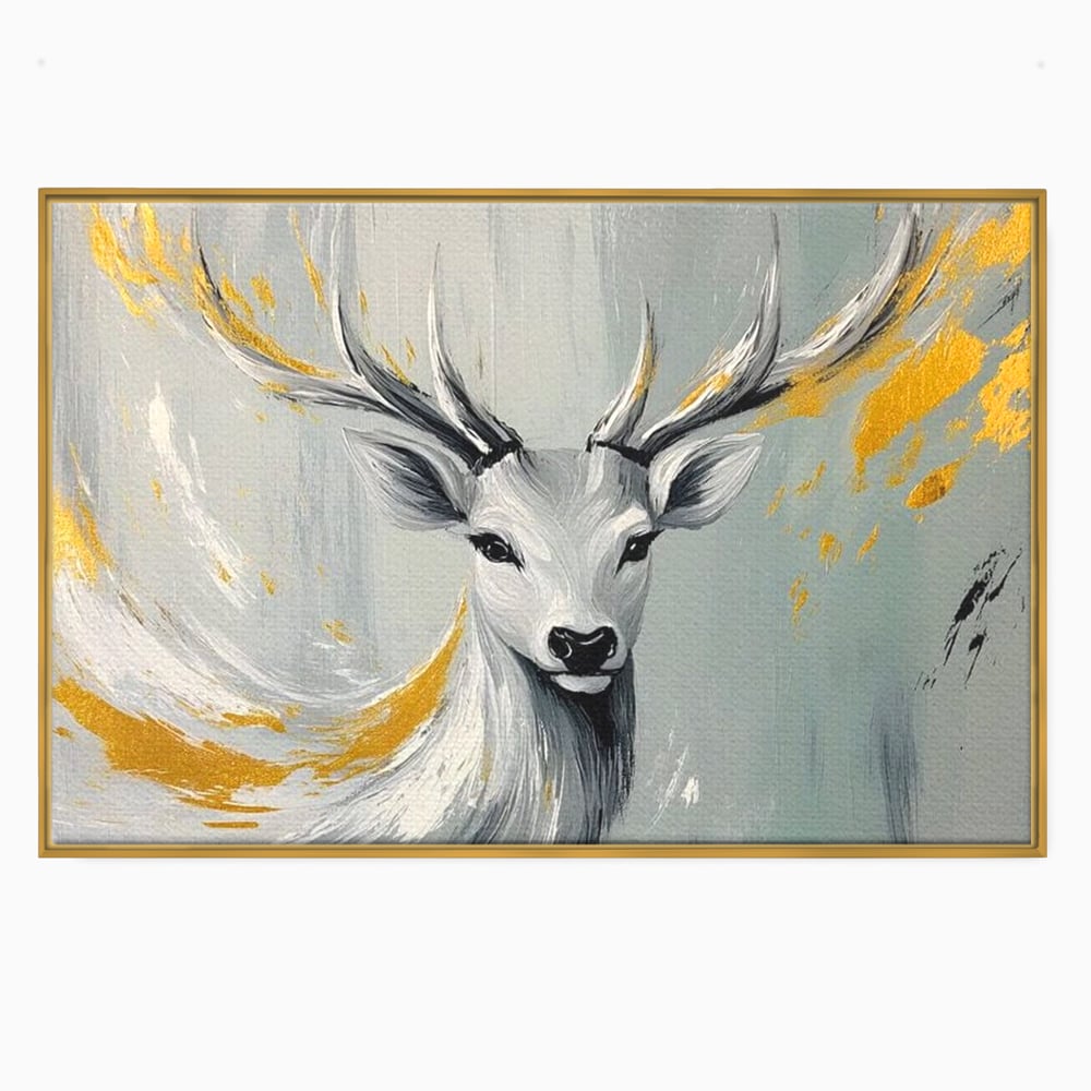 Tablou canvas cu pictura cu portret de cerb si detalii aurii, in rama de aluminiu auriu